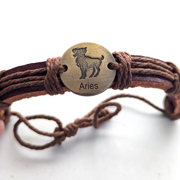 Artisan Rustic Leather Adjustable Zodiac Aries Ram Pendant Charm Bracelet - Picture 2 of 5